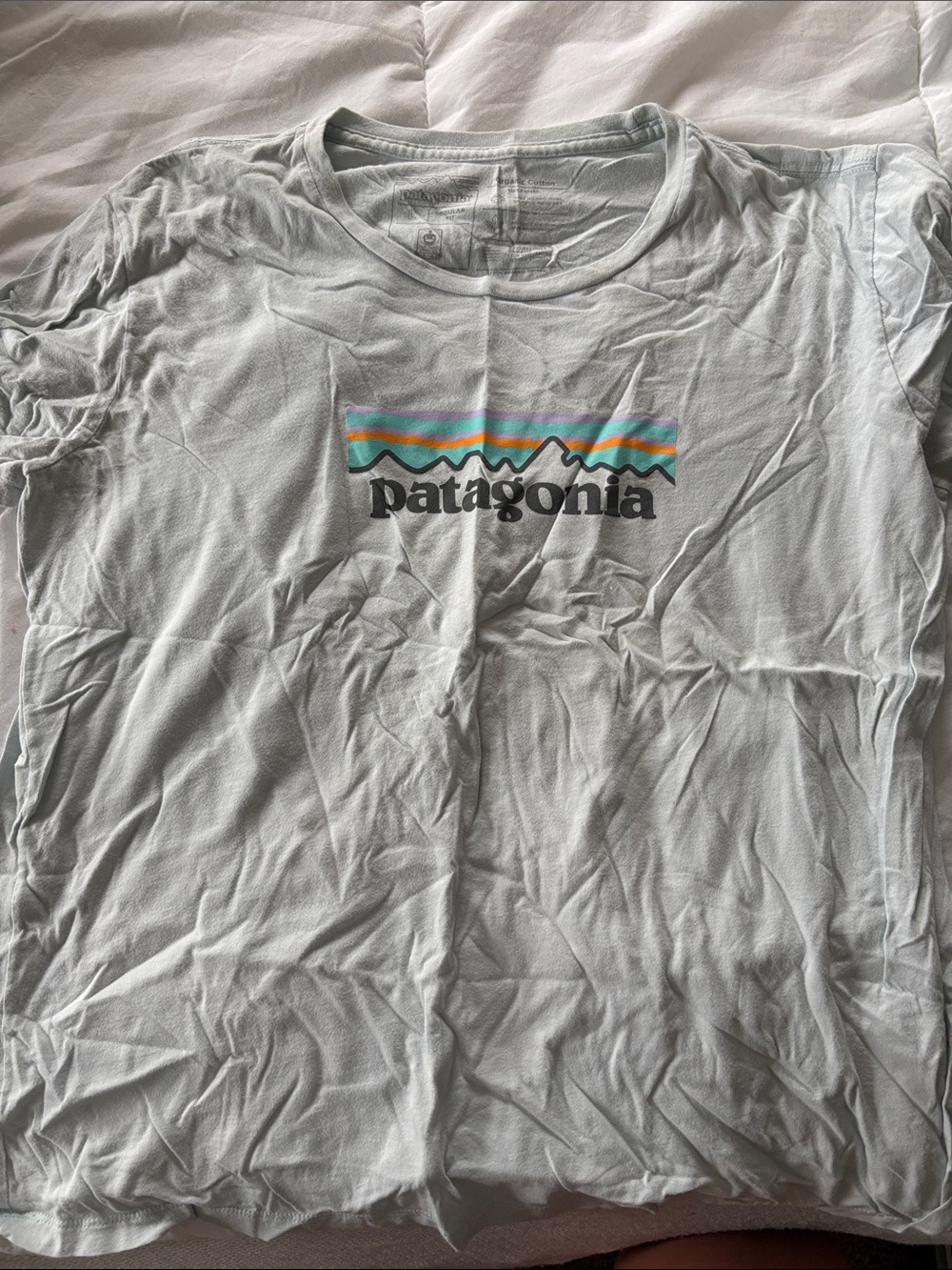 Patagonia Girl’s Light Blue Short-Sleeve Logo Tee with Multicolor Stripe
